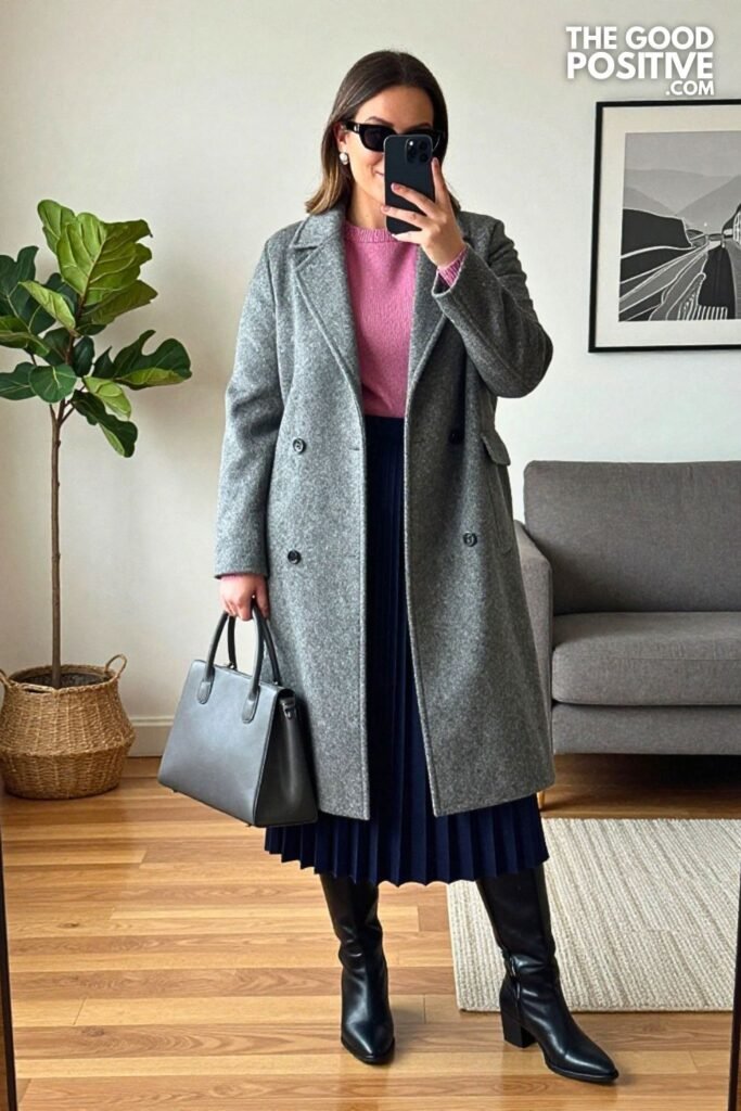 Heather Gray Wool Coat with Dusty Rose Cashmere Sweater and Navy Pleated Midi Skirt