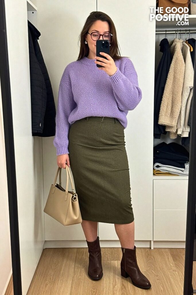 Heather Lavender Sweater with Dark Olive Pencil Midi Skirt
