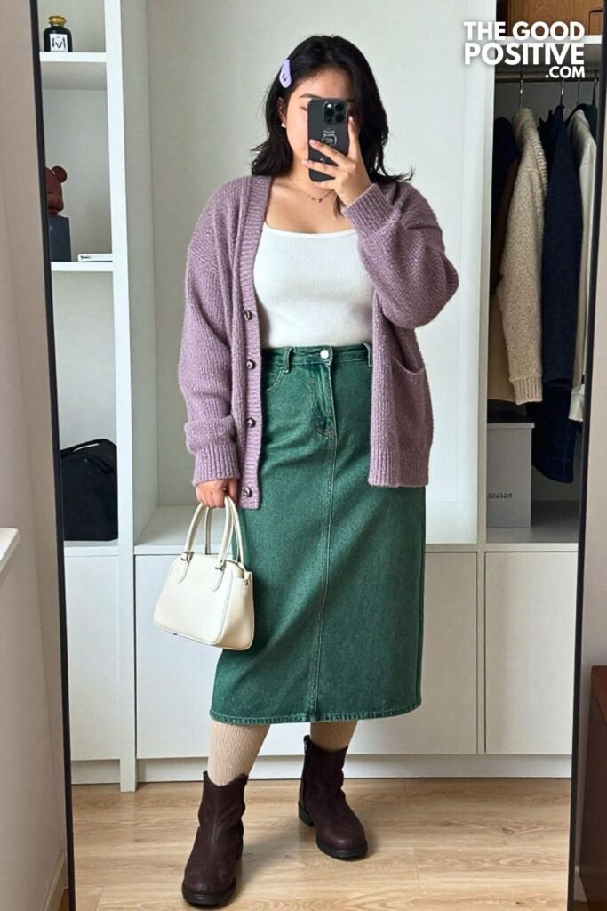 Heather Lilac Cardigan with Forest Green Denim Midi Skirt