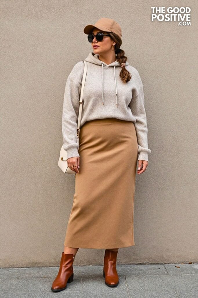 Heather Moss Knit Hoodie with Camel Tailored Maxi Skirt