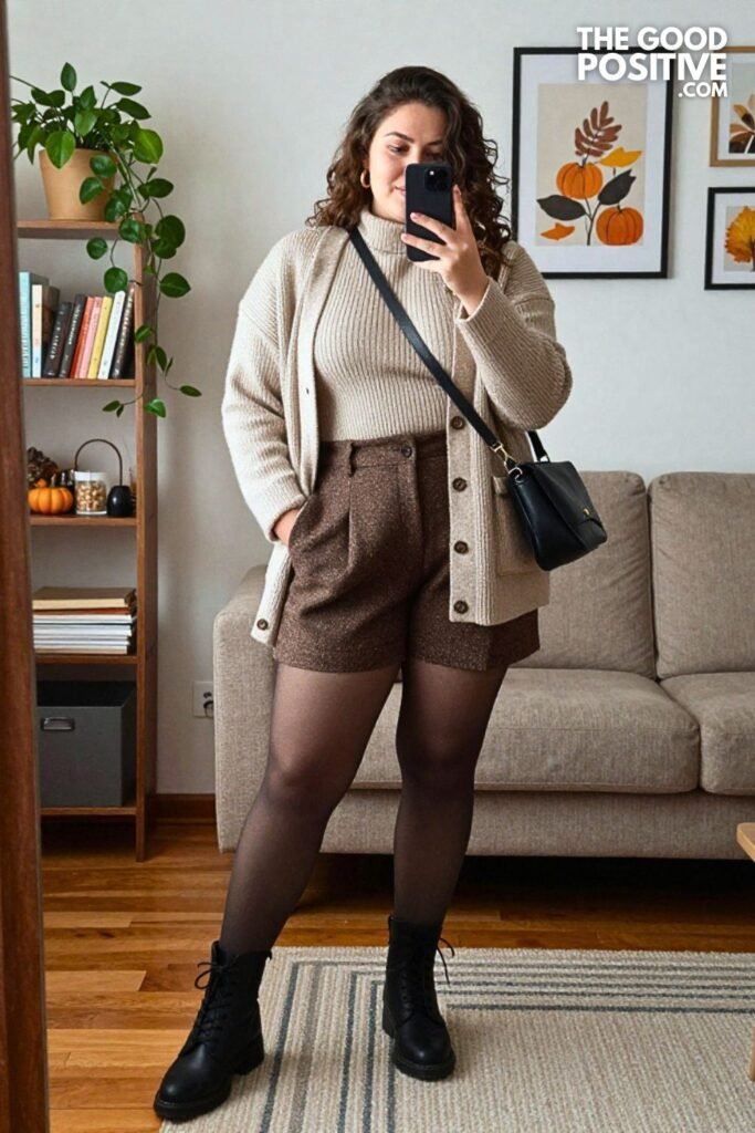 Heather Oat Cardigan Coat with Tweed Shorts, Thermal Tights and Lace-Up Boots