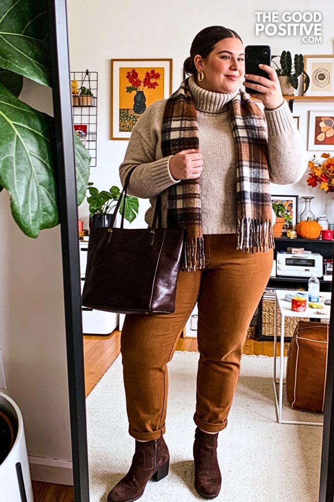 Heather Taupe Funnel-Neck Sweater with Walnut Barrel-Leg Pants