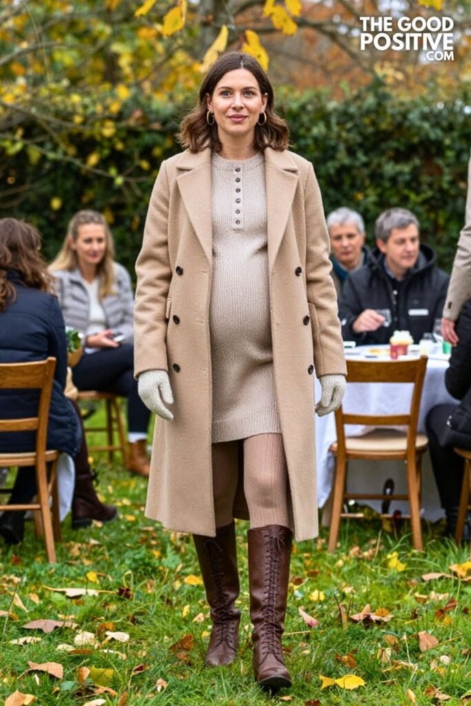 Herringbone Duster Coat with Knit Henley Dress and Lace-Up Mid-Calf Boots