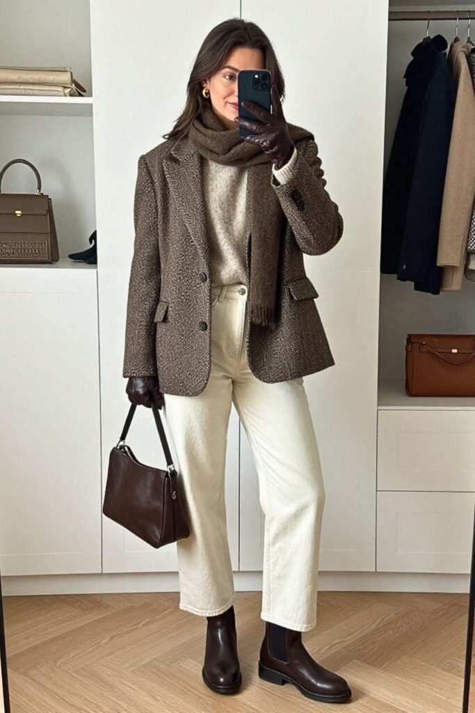 Herringbone Jacket with Ivory Wide-Leg Denim