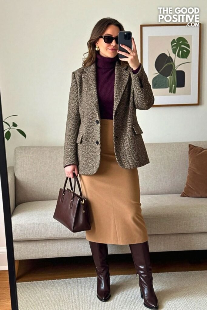 Herringbone Wool Blazer with Plum Fine-Knit Turtleneck and Camel A-Line Midi Skirt