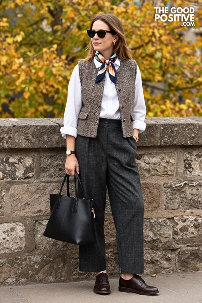 Herringbone Wool Vest with Wide-Leg Flannel Pants