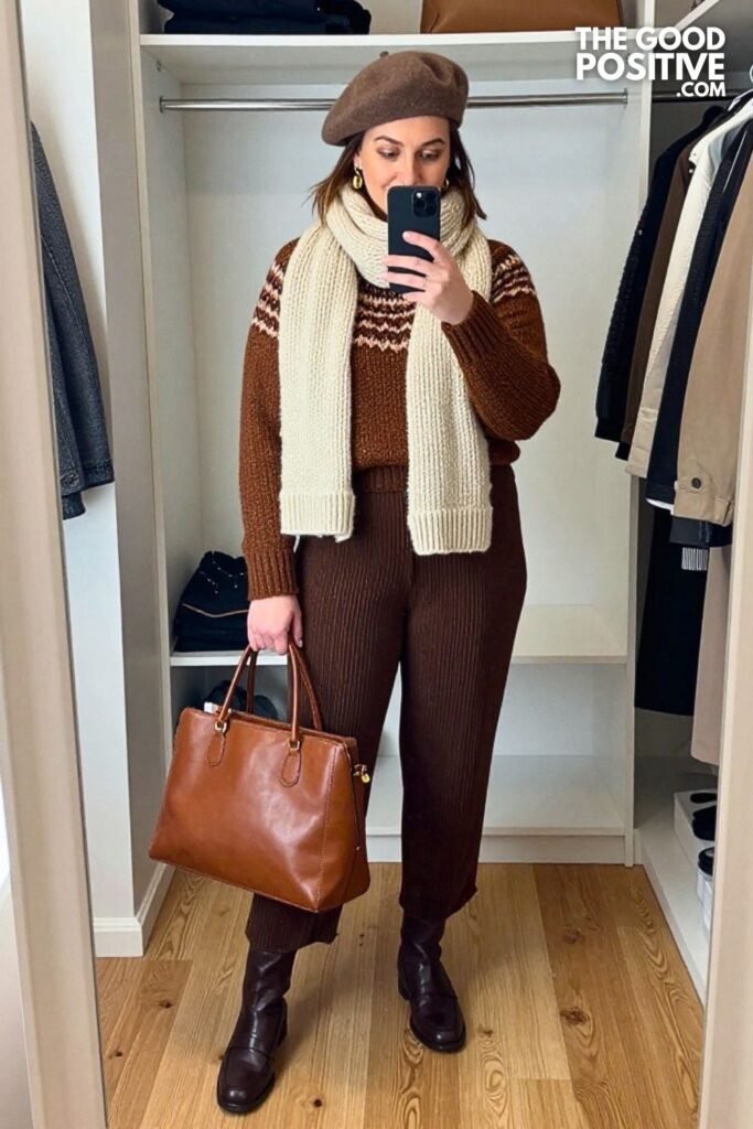 Honey Fair Isle Sweater with Espresso Pleated Trousers