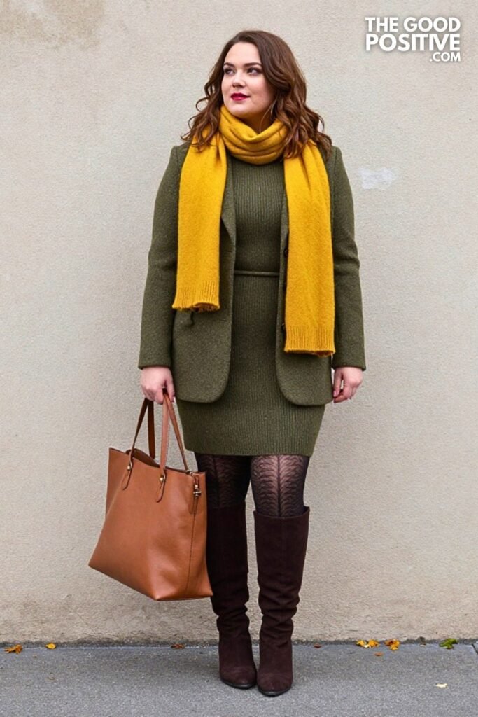Honey Knit Blazer with Olive Knit Midi Dress