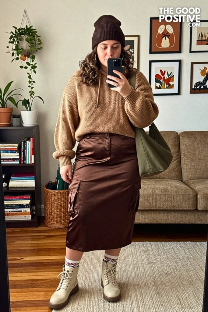 Honey Knit Hoodie with Chocolate Satin Cargo Skirt