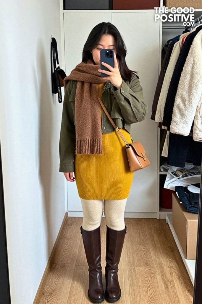Honey Mustard Ribbed Dress with Olive Cropped Utility Jacket