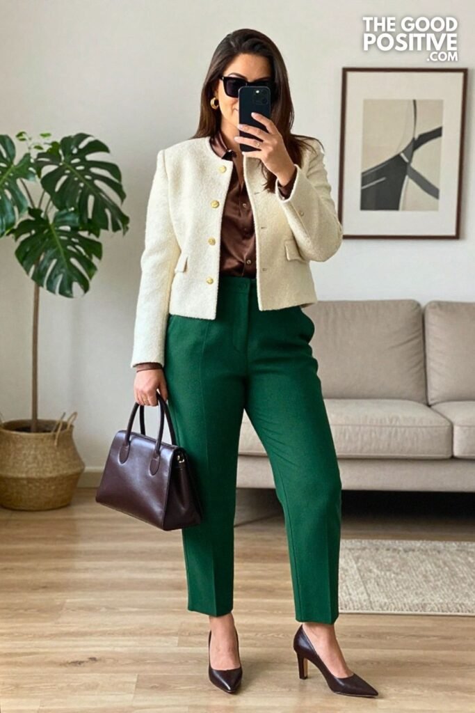 Ivory Bouclé Jacket with Chocolate Satin Blouse and Forest Green Wool Trousers