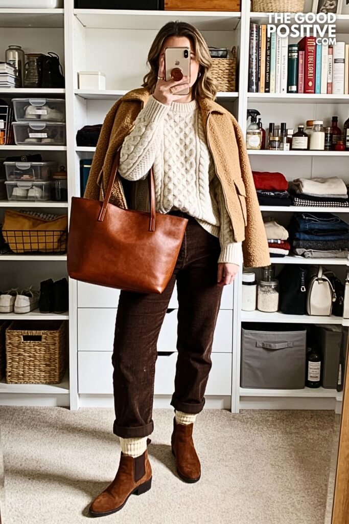 Ivory Cable-Knit Sweater With Chocolate Corduroy Barrel Jeans