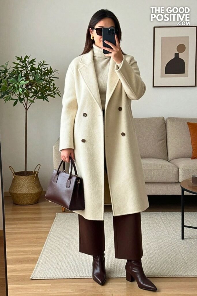 Ivory Double-Breasted Wool Coat with Ivory Cashmere Turtleneck and Espresso Wide-Leg Trousers