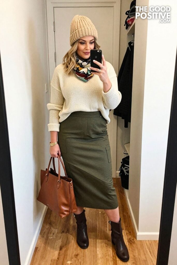 Ivory Funnel Sweater with Olive Panel Midi Skirt