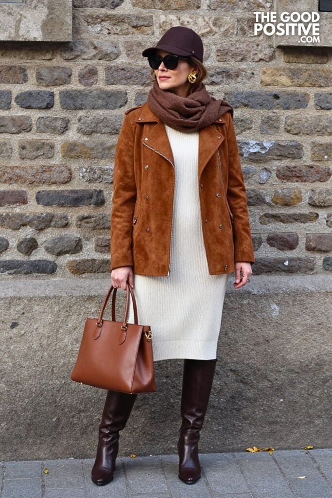 Ivory Ribbed Sweater Dress With Cinnamon Suede Moto Jacket