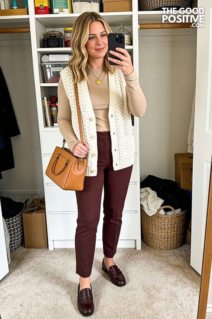 Ivory Textured Sweater Vest With Espresso Ponte Pants
