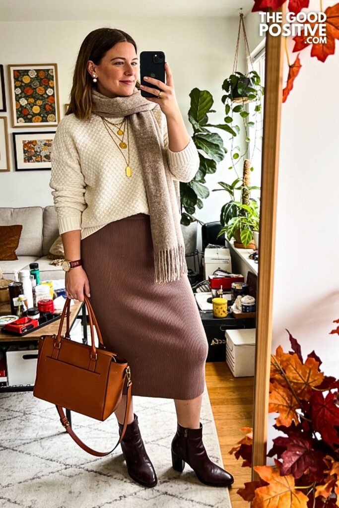 Ivory Textured Sweater with Soft Chocolate Column Skirt
