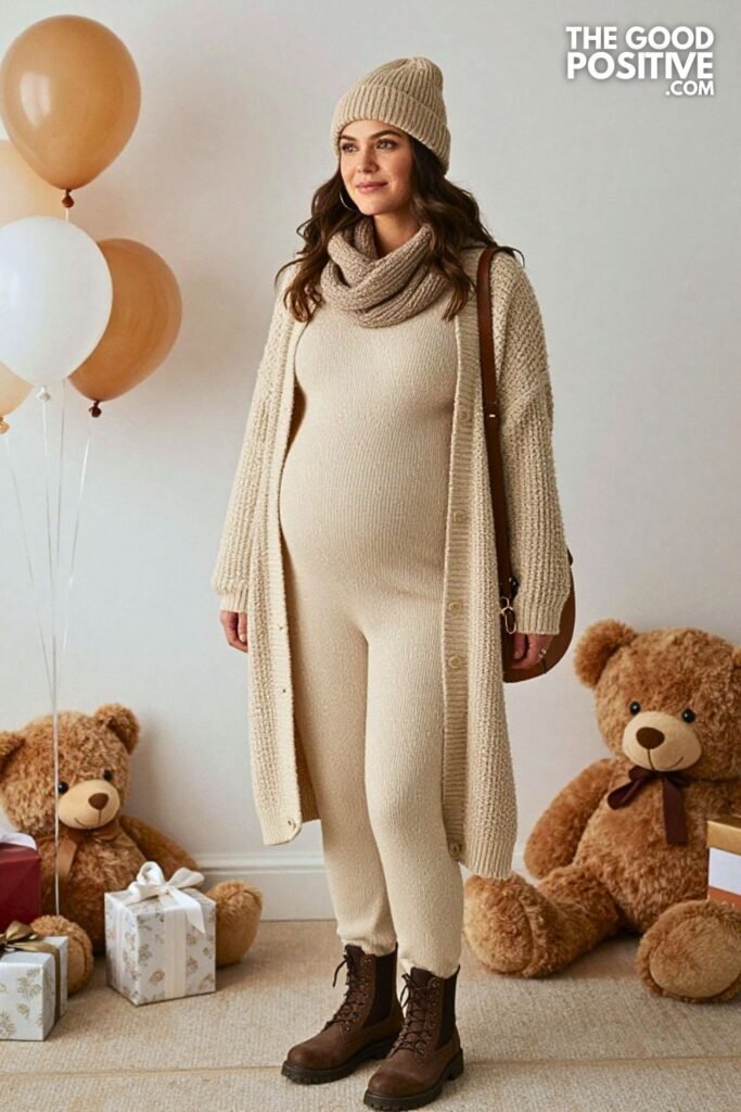 Jacquard Knit Cardigan with Knit Jumpsuit and Hiking Chelsea Boots