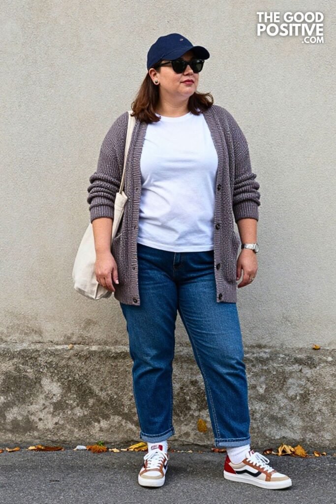 Knit Varsity Cardigan with Relaxed Tapered Jeans and Retro Court Sneakers