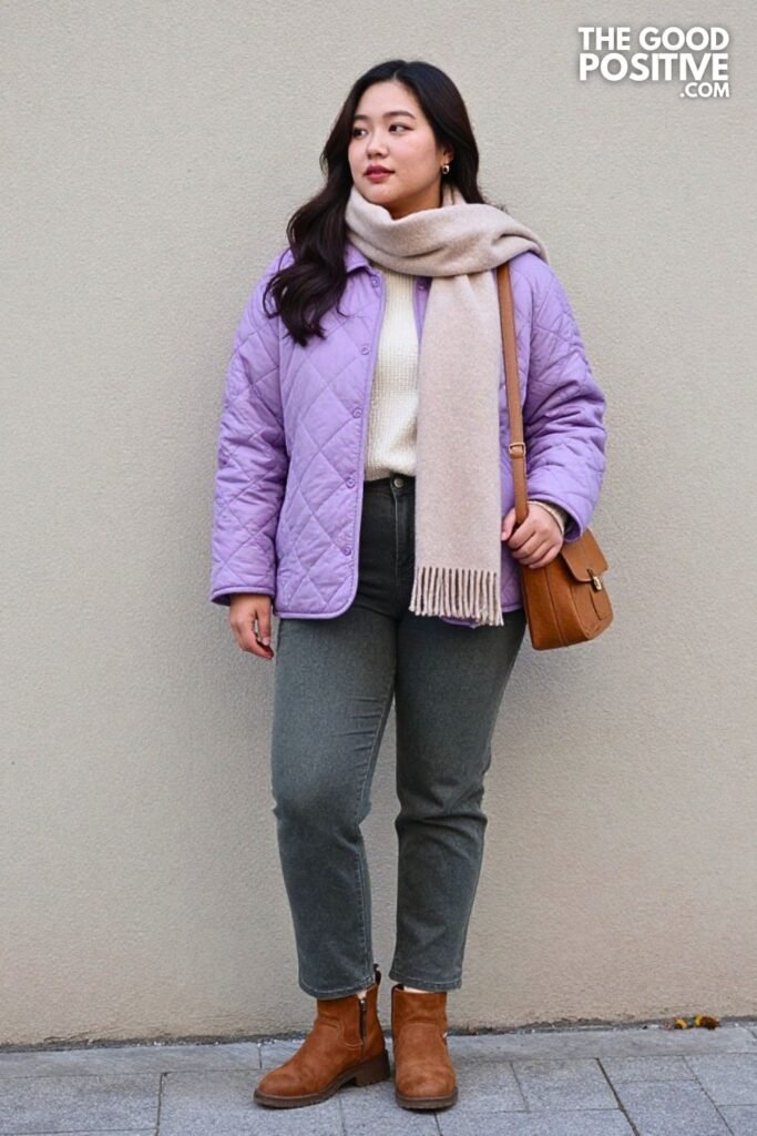 Lavender Quilted Jacket with Olive Straight-Leg Jeans