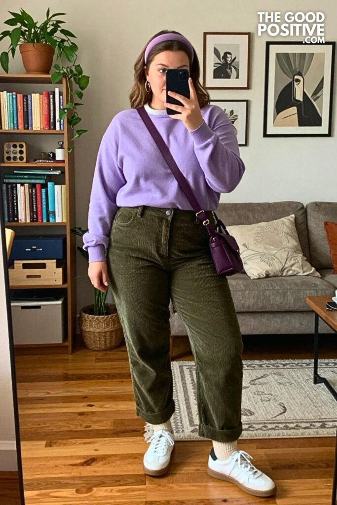Lavender Rugby Sweater with Dark Olive Corduroy Trousers