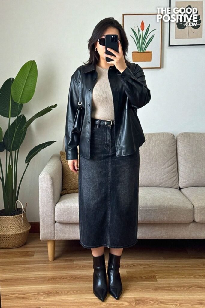 Leather Shirt Jacket With Pleated Denim Midi Skirt