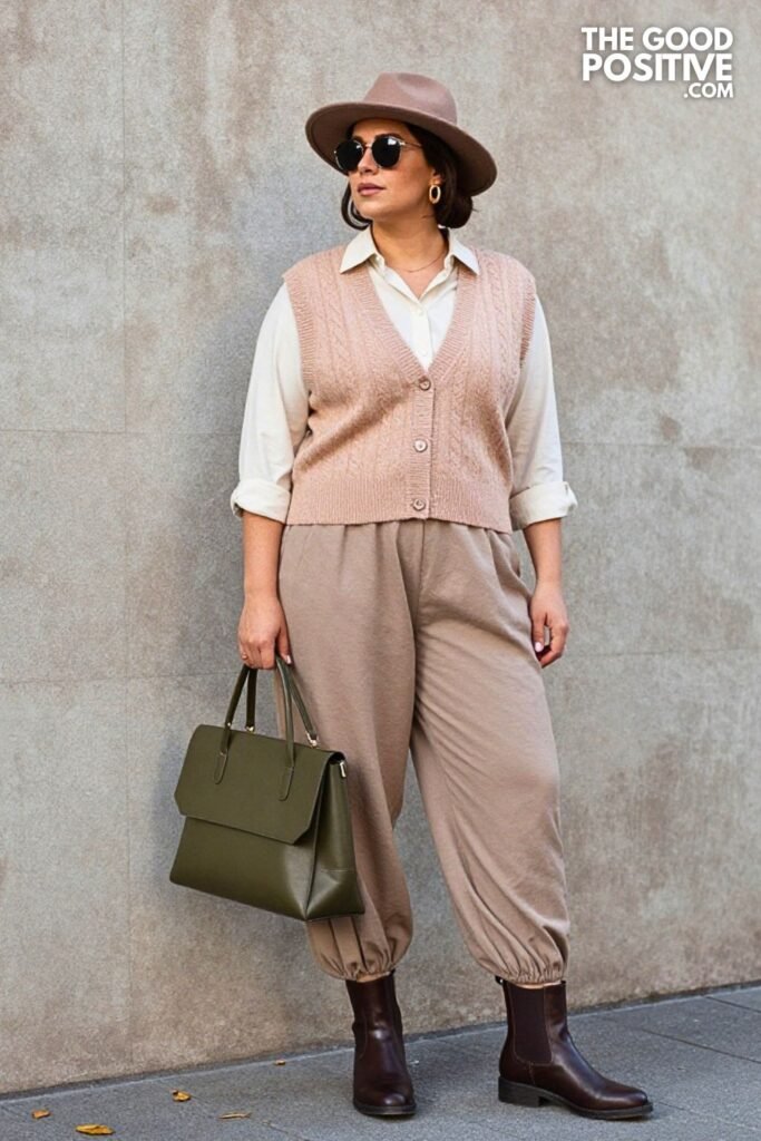 Light Copper Sweater Vest with Eucalyptus Balloon Trousers