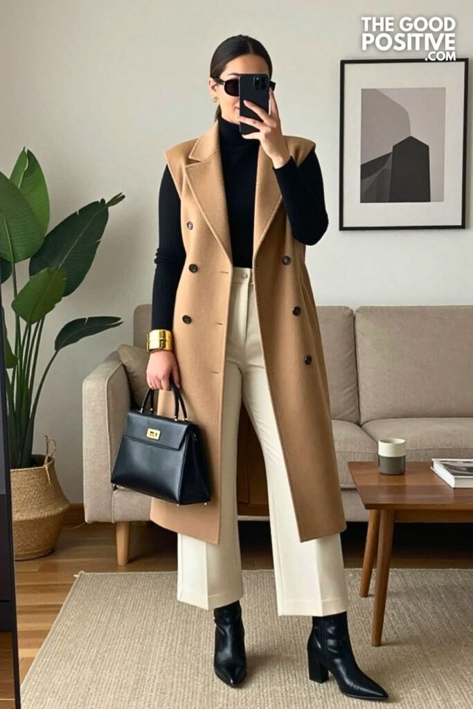 Long Camel Vest with Black Ribbed Turtleneck and Ivory Wide-Leg Trousers