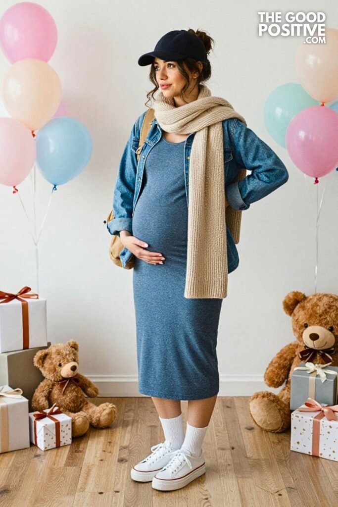 Longline Denim Shacket with Thermal Midi Dress and Platform Sneakers