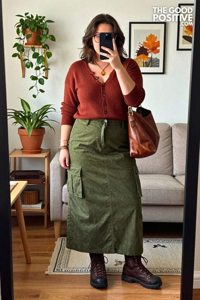 Mahogany Henley Sweater with Moss Cargo Maxi Skirt