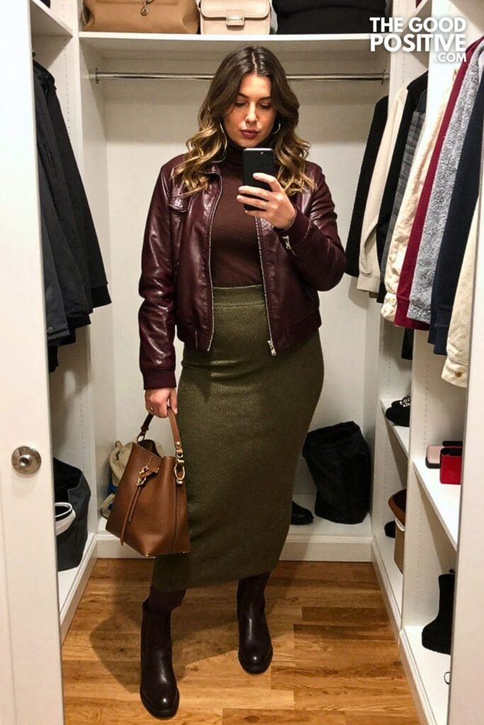 Mahogany Leather Bomber With Olive Knit Maxi Skirt