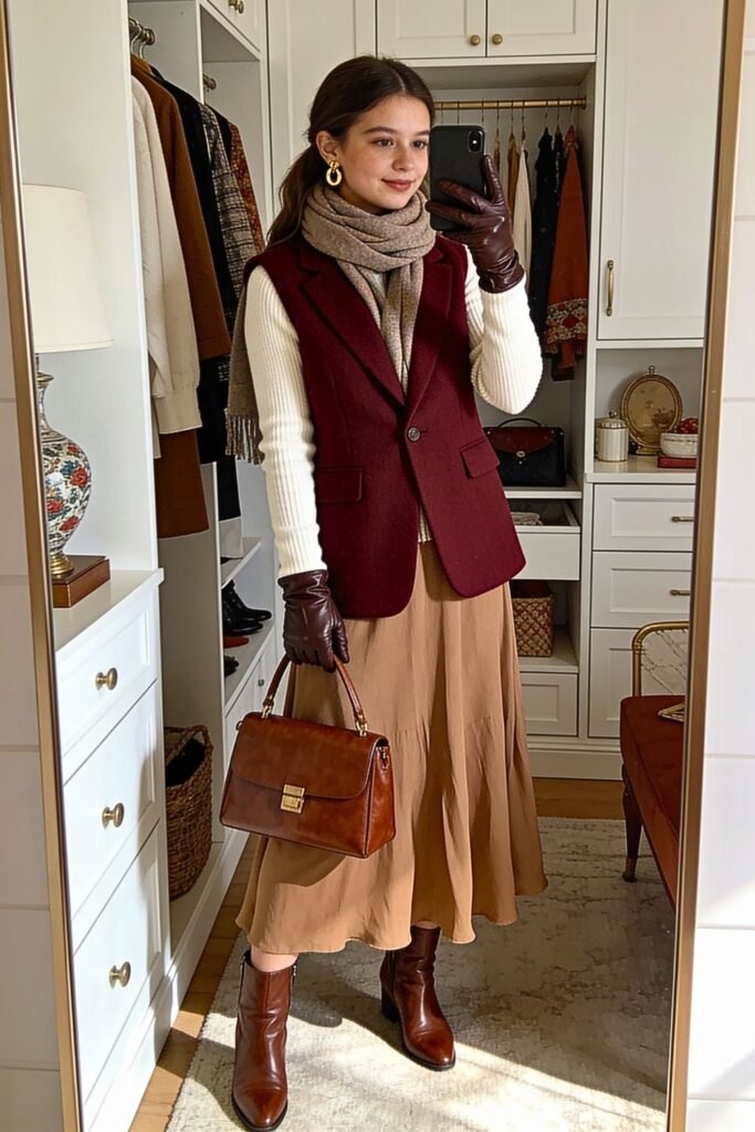 Mahogany Wool Vest with Camel Maxi Skirt