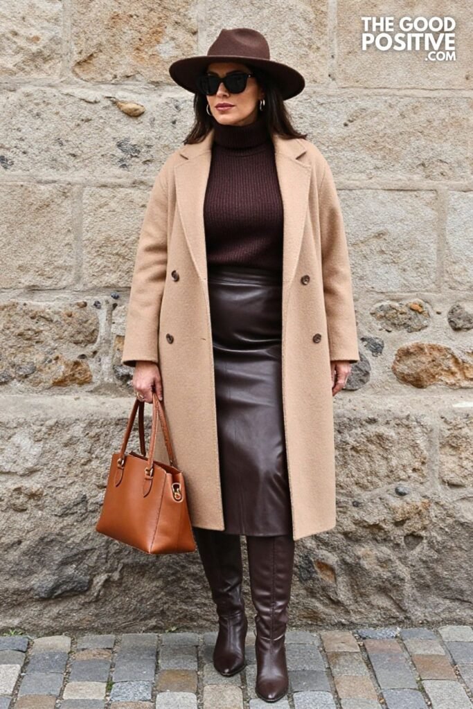 Maple Chunky Turtleneck With Dark Chocolate Faux Leather Midi Skirt