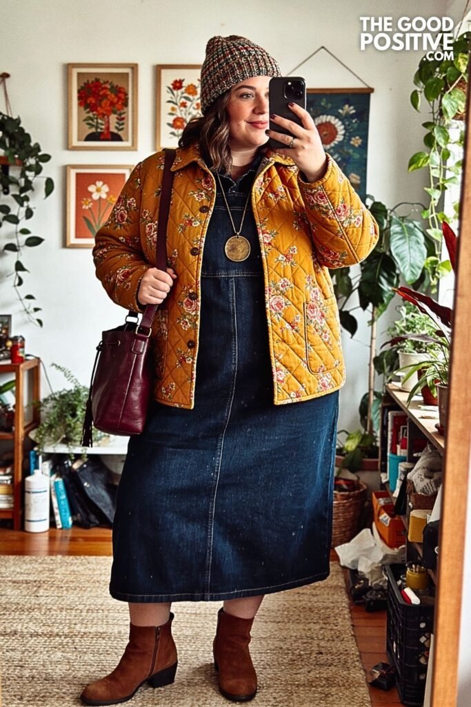 Marigold Floral Quilt Jacket with Dark Denim Midi Dress