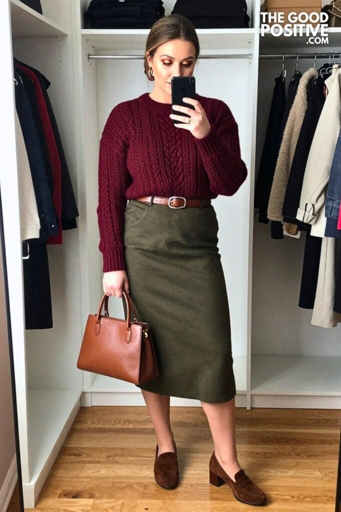 Merlot Cable Sweater With Dark Olive Bubble Midi Skirt
