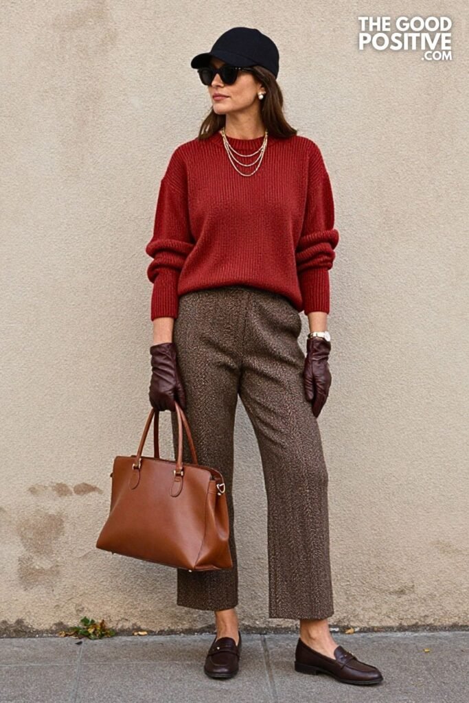 Merlot Crewneck Sweater with Herringbone Palazzo Pants
