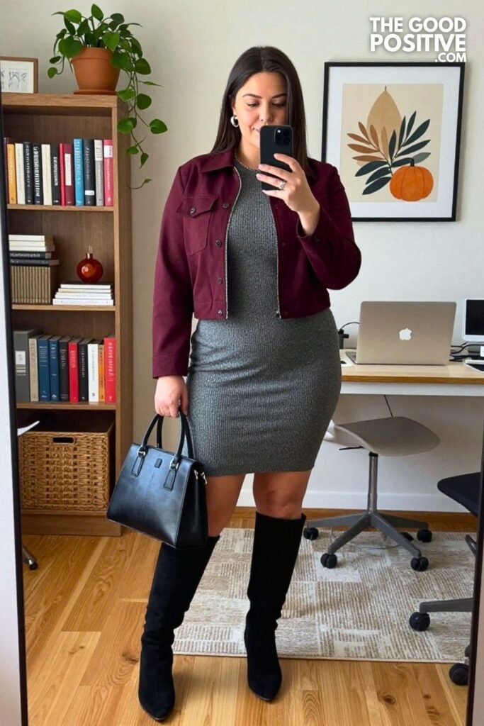 Merlot Cropped Jacket with Slate Knit Column Dress