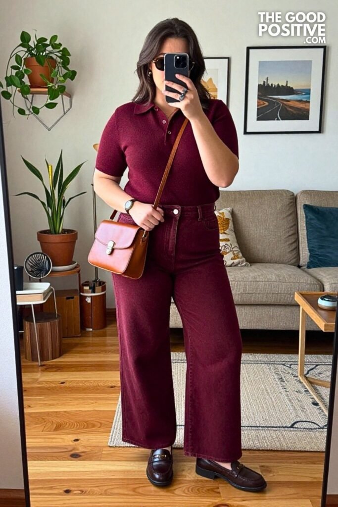 Merlot Knit Polo with Deep Moss Wide-Leg Jeans