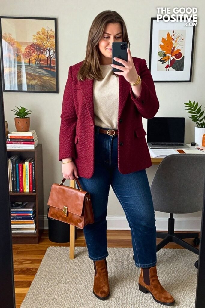 Merlot Textured Blazer with Pintuck Jeans and Suede Chelsea Boots