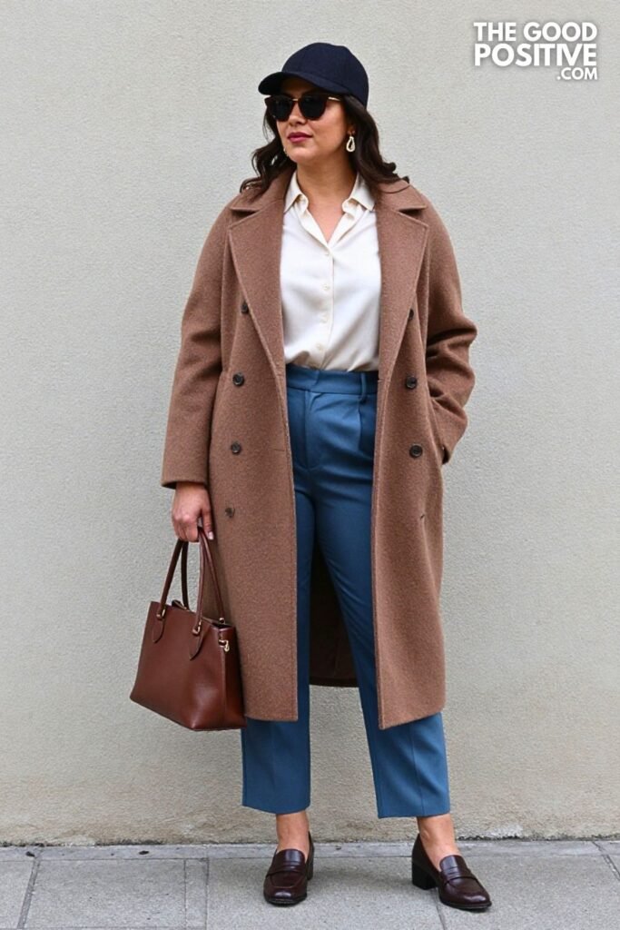 Mocha Belted Wool Coat with Slate Blue Tailored Pants