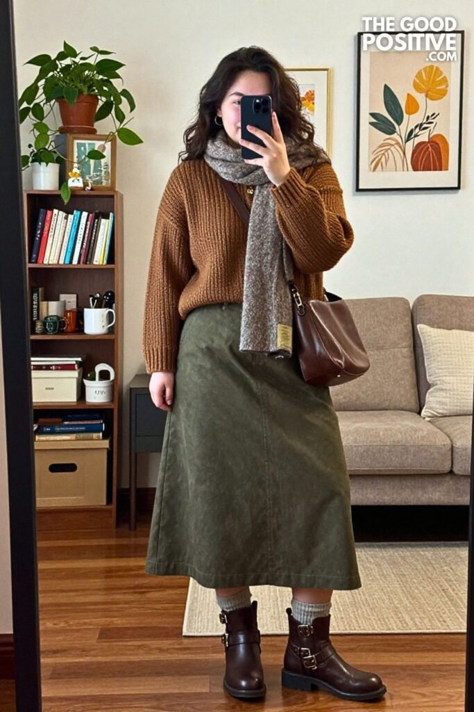 Mocha Fisherman Sweater with Waxed Cotton Midi Skirt and Buckle Boots