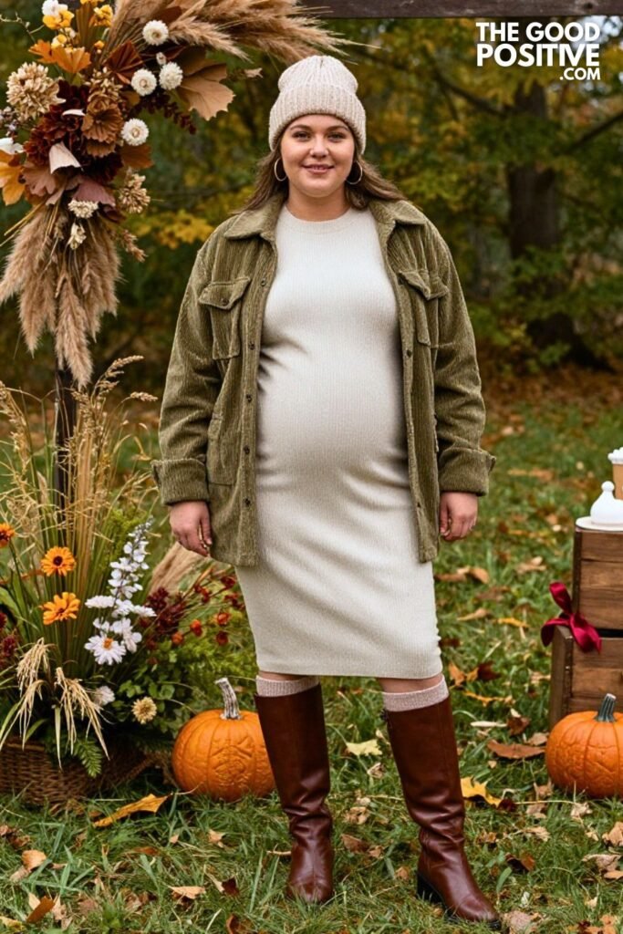 Moss Corduroy Shacket with Ribbed Knit Midi Dress and Tall Leather Boots
