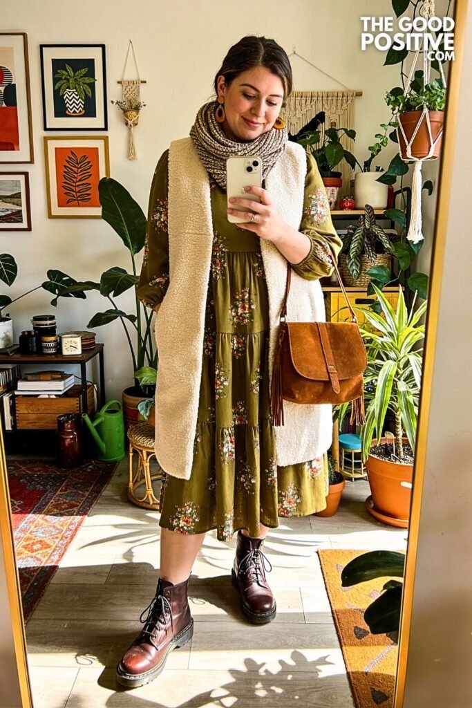 Moss Floral Smocked Dress with Long Sherpa Vest