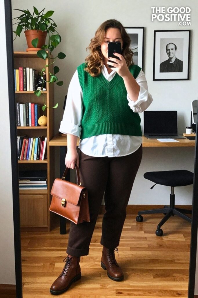 Moss Green Knit Vest with Crisp Poplin Shirt