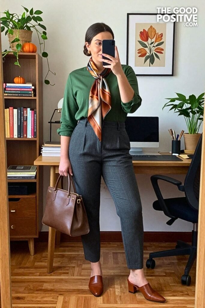 Moss Green Popover Shirt with Pleated Tapered Pants and Wooden Heel Mules
