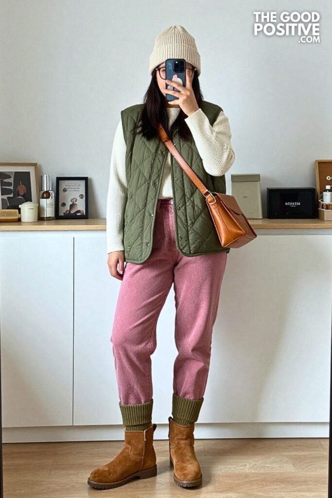 Moss Green Quilted Vest with Dusty Rose Barrel Jeans