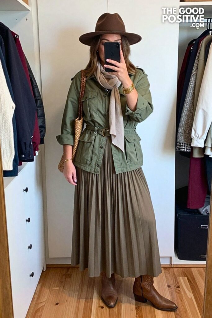 Moss Green Utility Shirt with Cinnamon Maxi Skirt