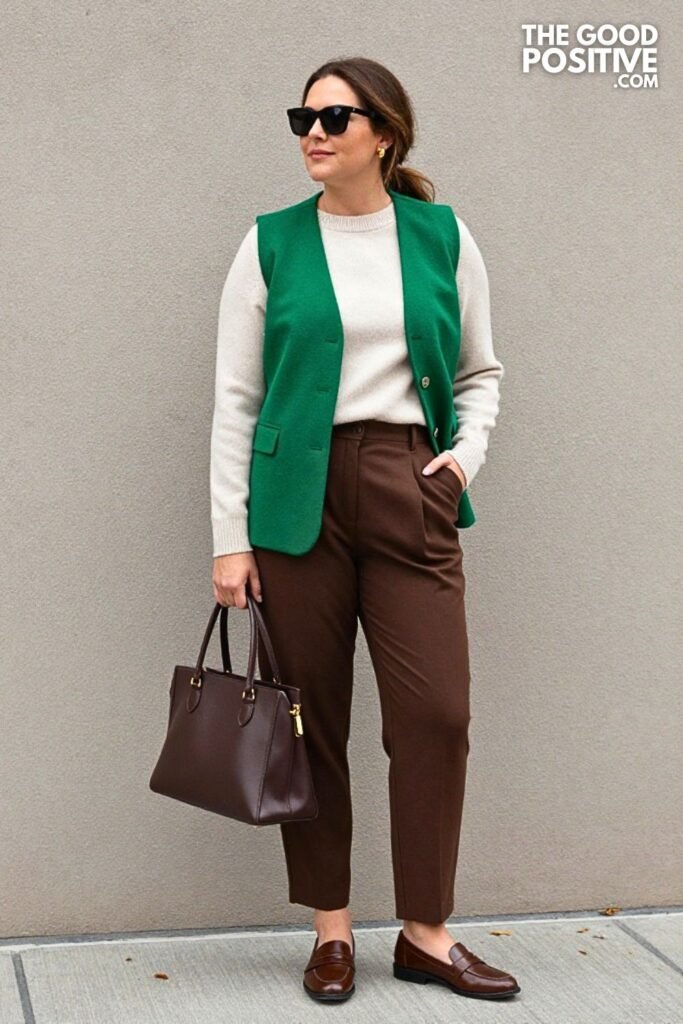 Moss Green Waistcoat with Soft Mocha Pleated Trousers
