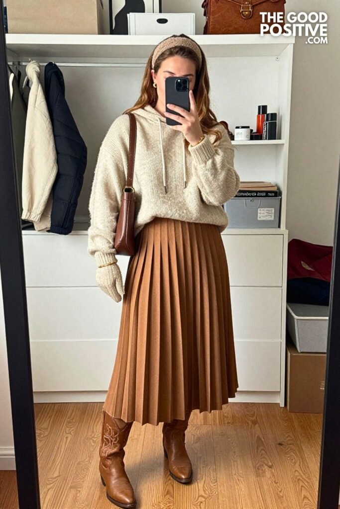 Moss Knit Hoodie with Cinnamon Pleated Midi Skirt