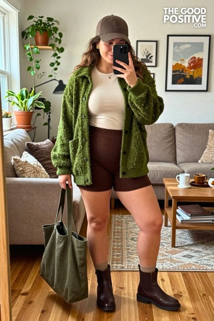 Moss Shacket with Chocolate Knit Shorts